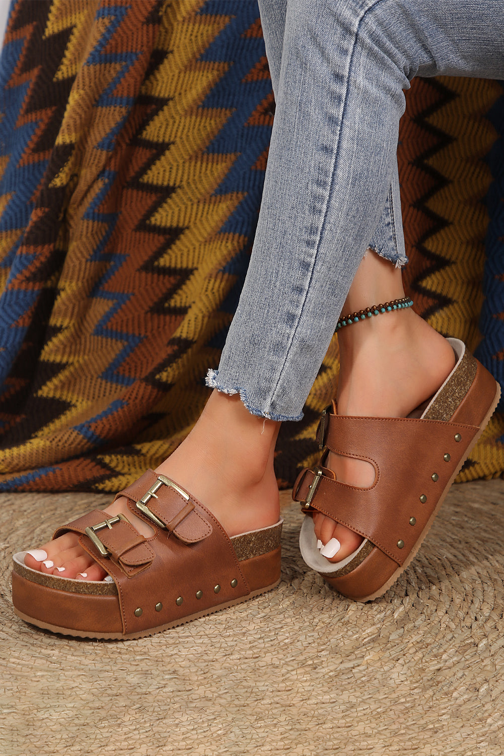 Chestnut Dual Buckle Studded Platform Sandals