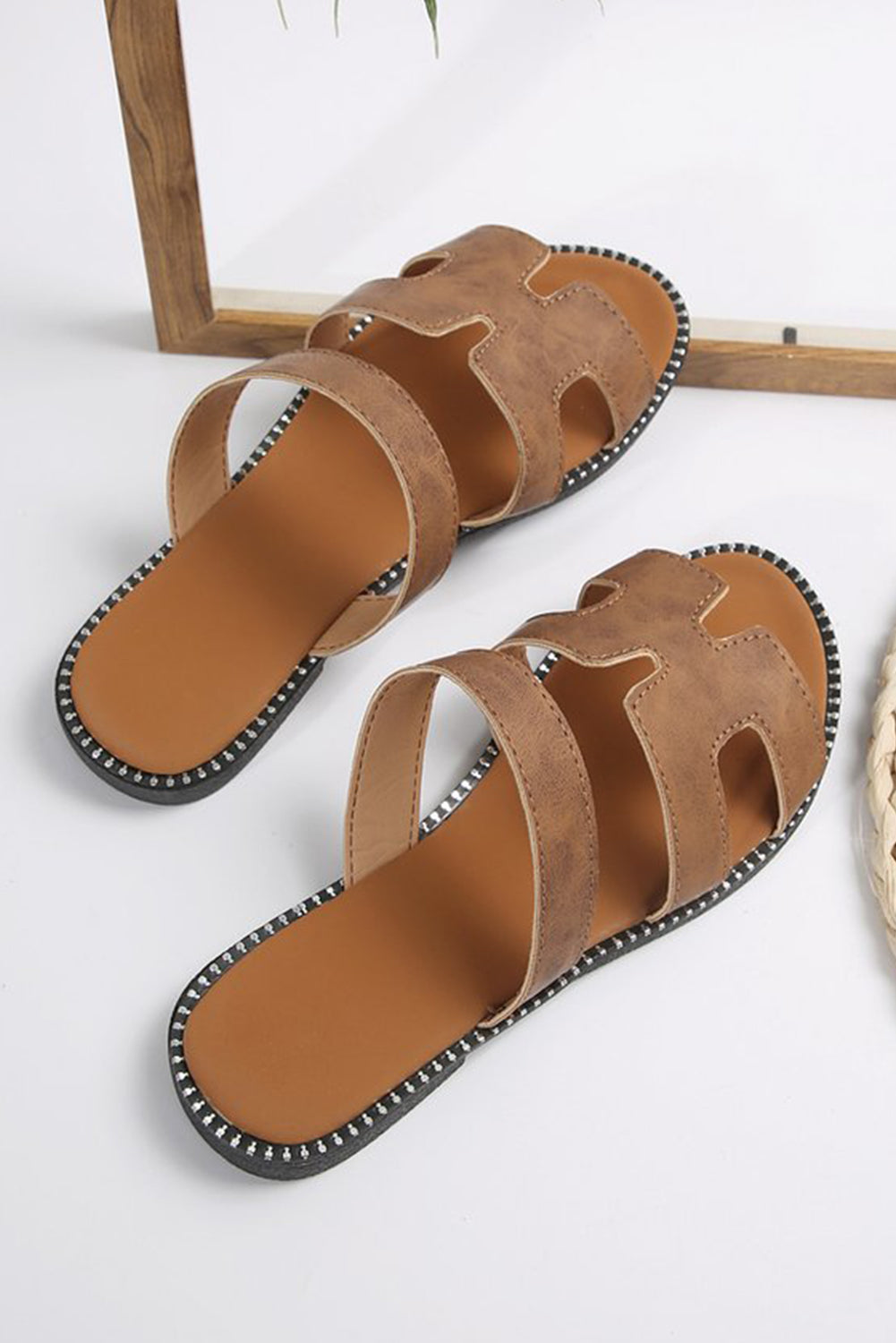 Brown Cut Out H Shape Band PU Leather Sandals