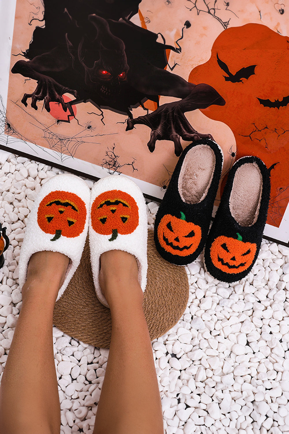 White Halloween Pumpkin Print Slippers