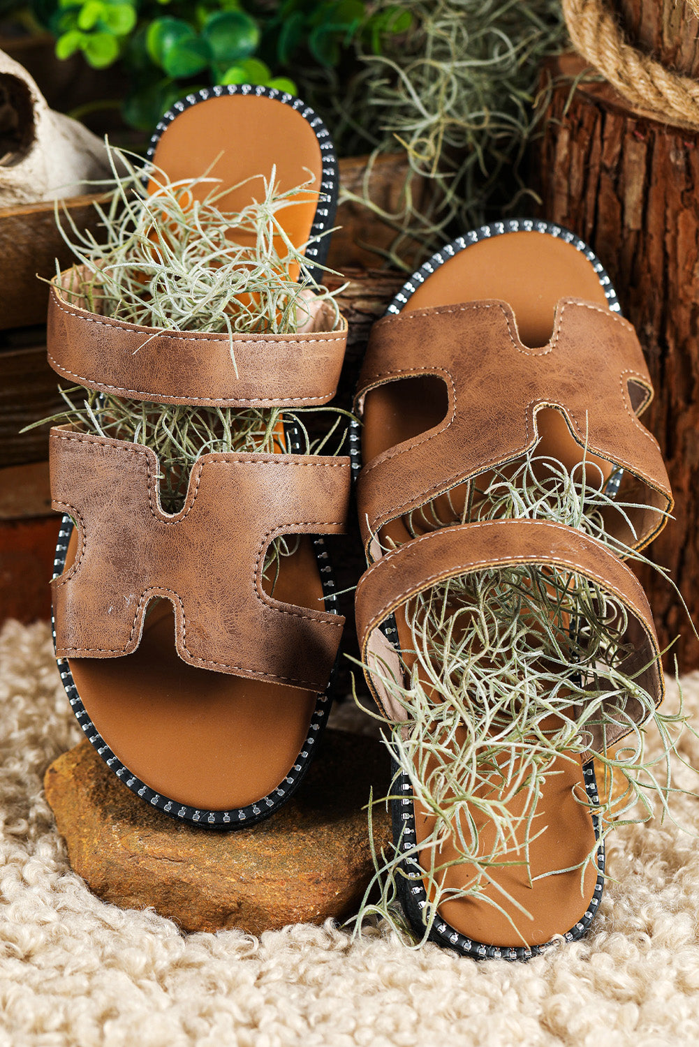 Brown Cut Out H Shape Band PU Leather Sandals