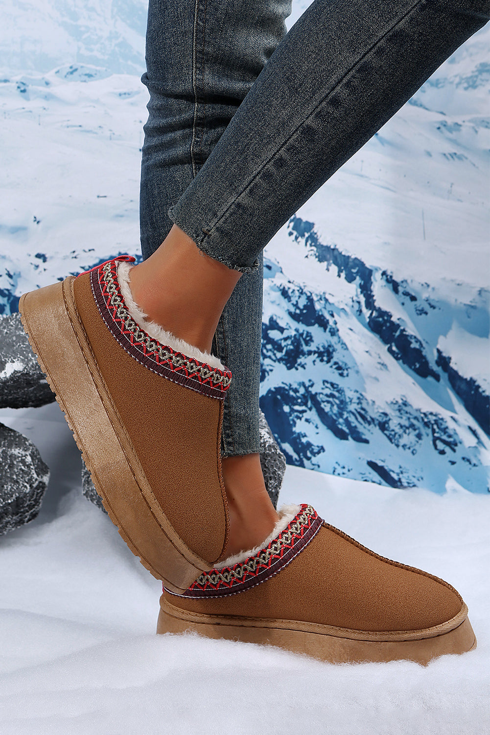 Chestnut Contrast Print Suede Snow Boots