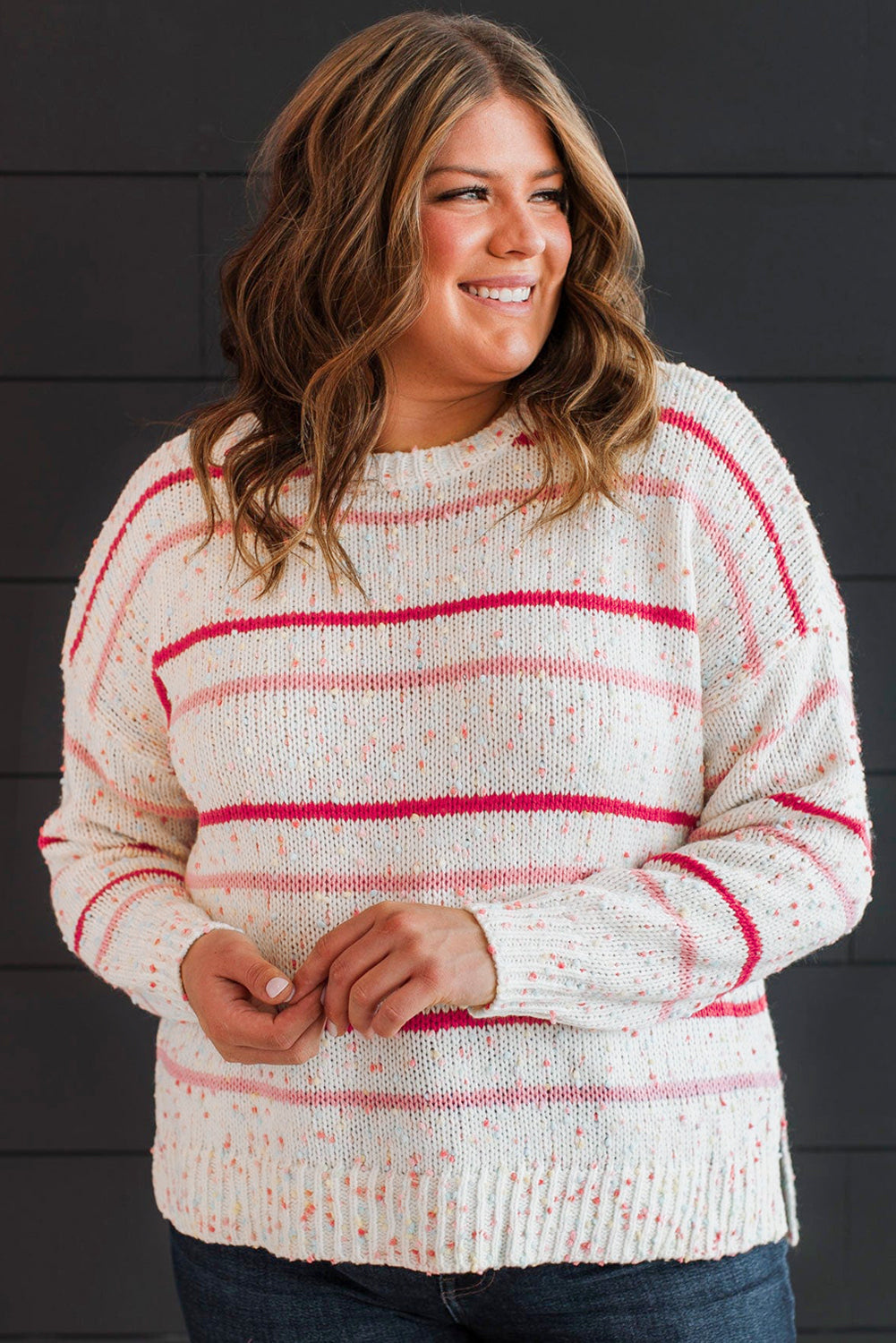 Pink Stripe Drop Shoulder Side Split Plus Size Sweater