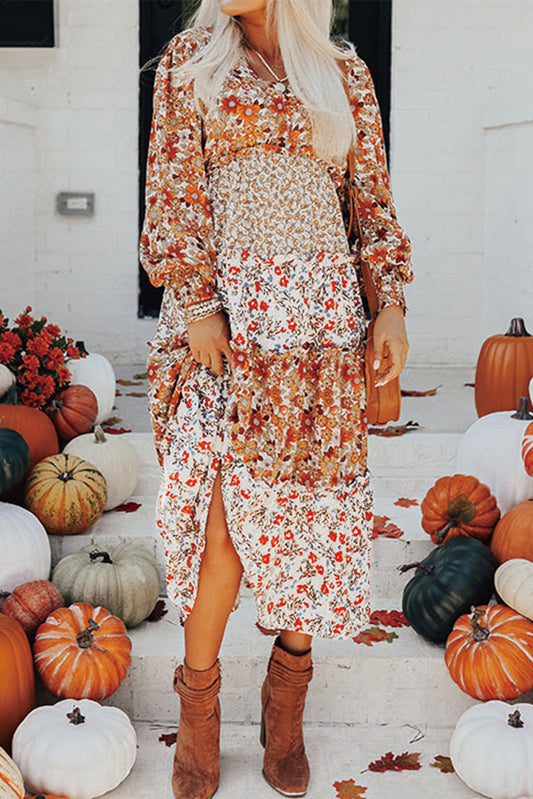 Clara Khaki Floral Print Ruffled Tiered Long Sleeve V Neck Midi Dress