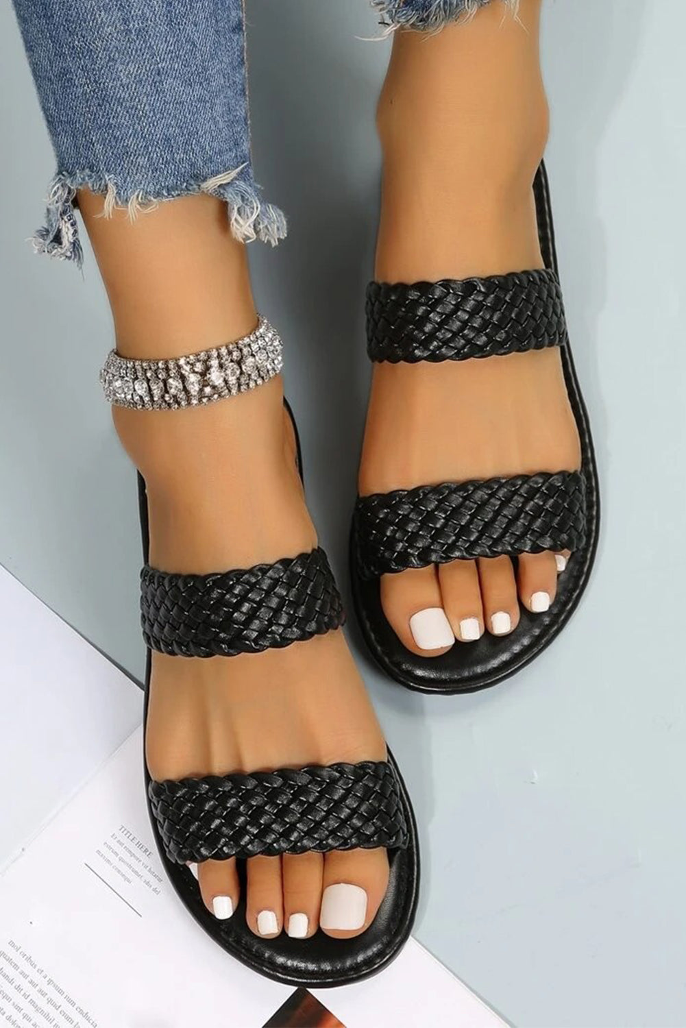 Black Braided Double Band Leathered Flat Sandals