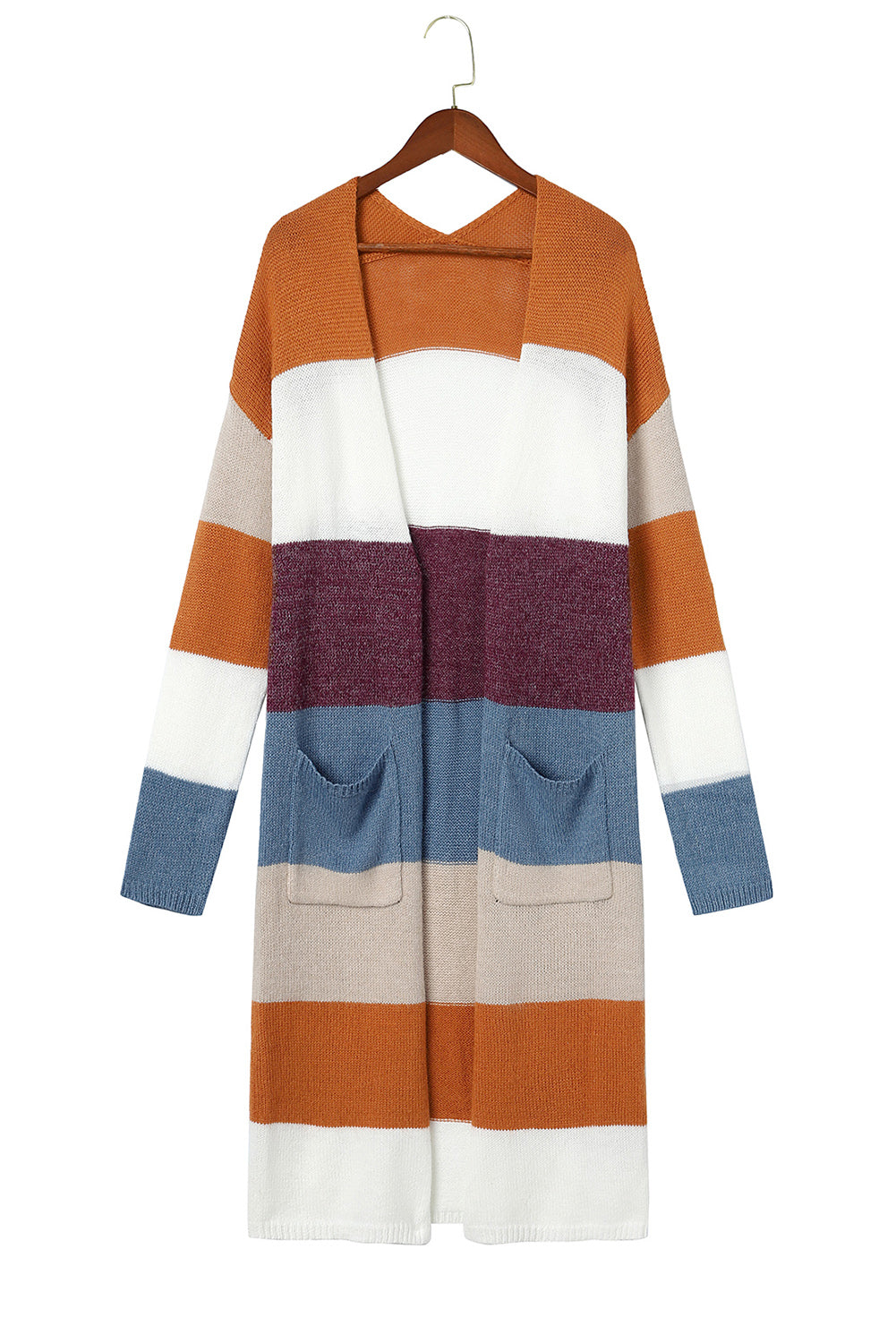 Multicolor Colorblock Open Front Long Knit Cardigan