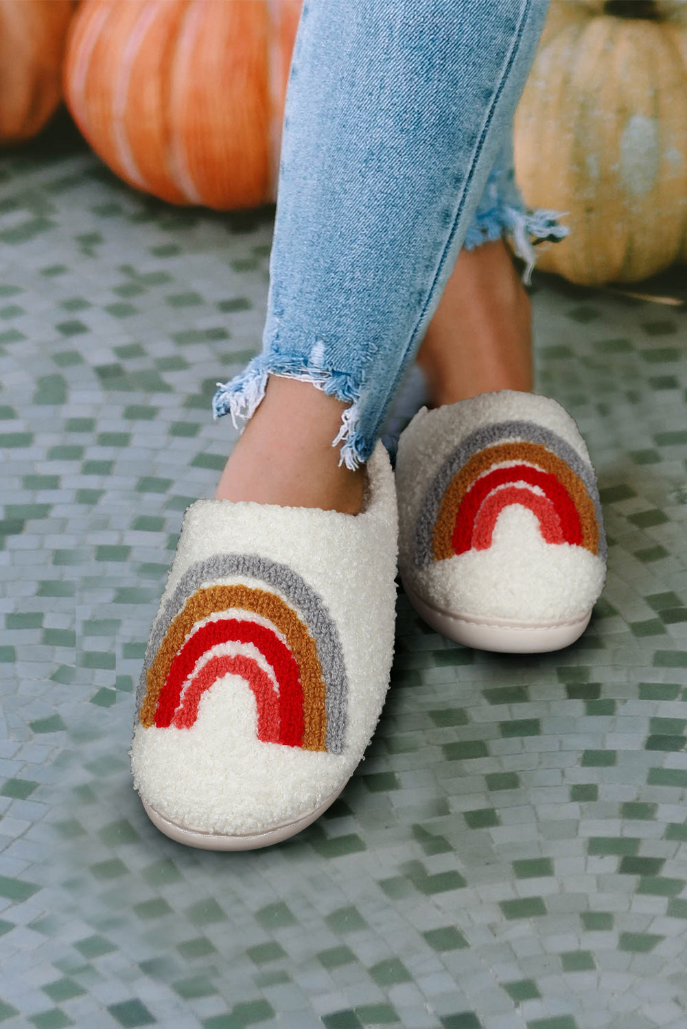 Bright White Rainbow Winter Home Slippers