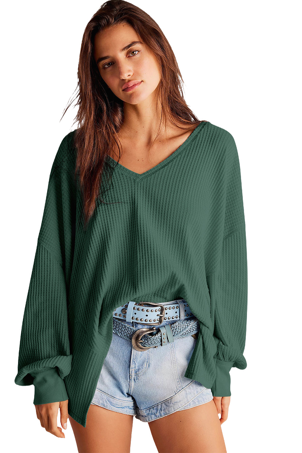 Blackish Green Waffle V Neck Long Sleeve Drop Shoulder Loose Blouse