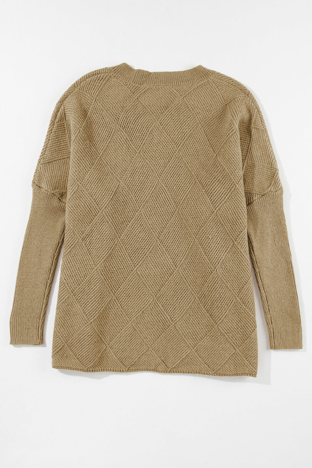 Camel Checkered Textured Batwing Sleeve Sweater