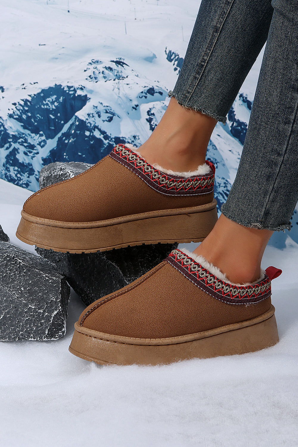 Chestnut Contrast Print Suede Snow Boots