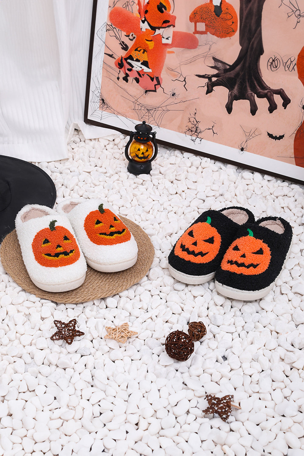 White Halloween Pumpkin Print Slippers