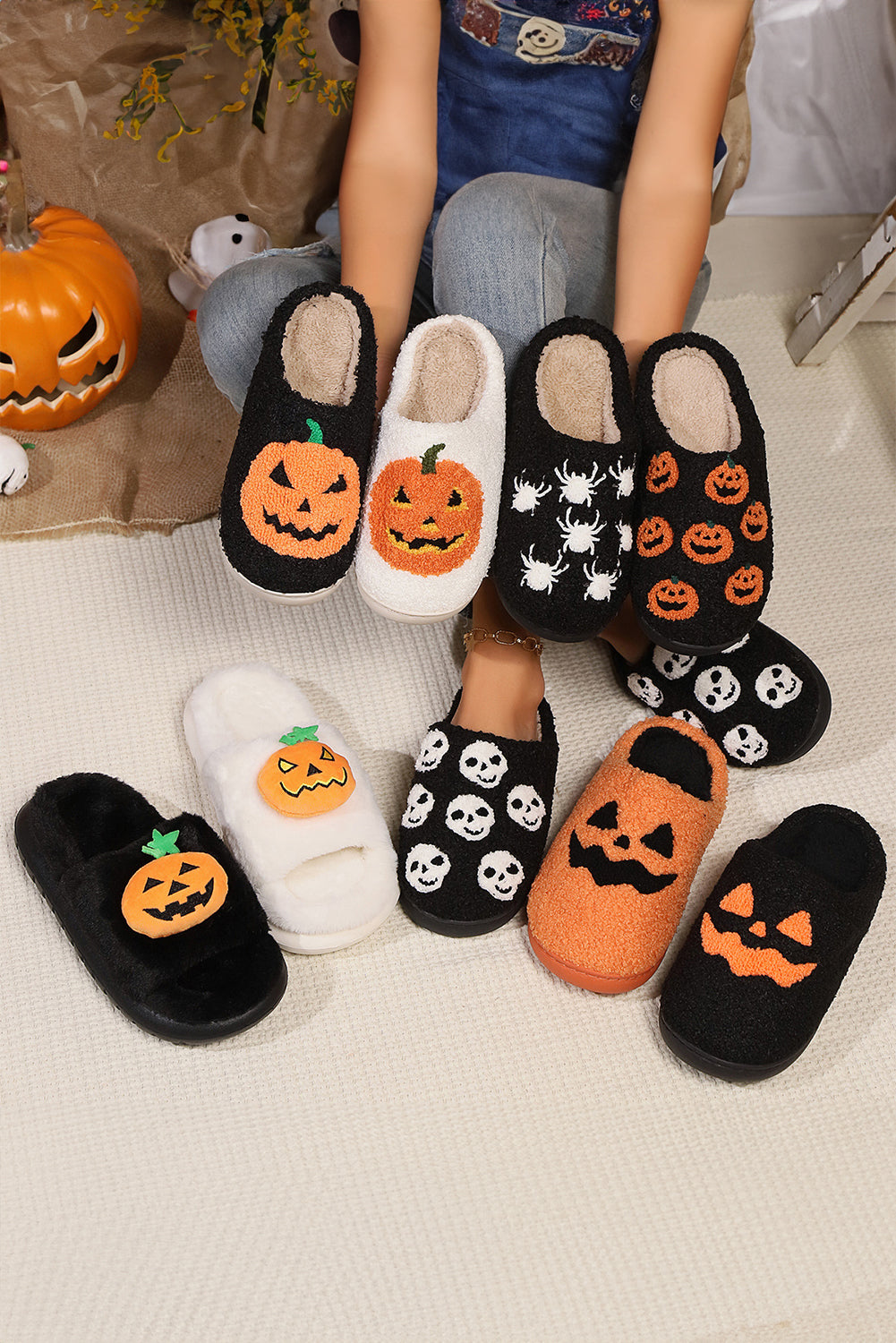 White Halloween Pumpkin Print Slippers