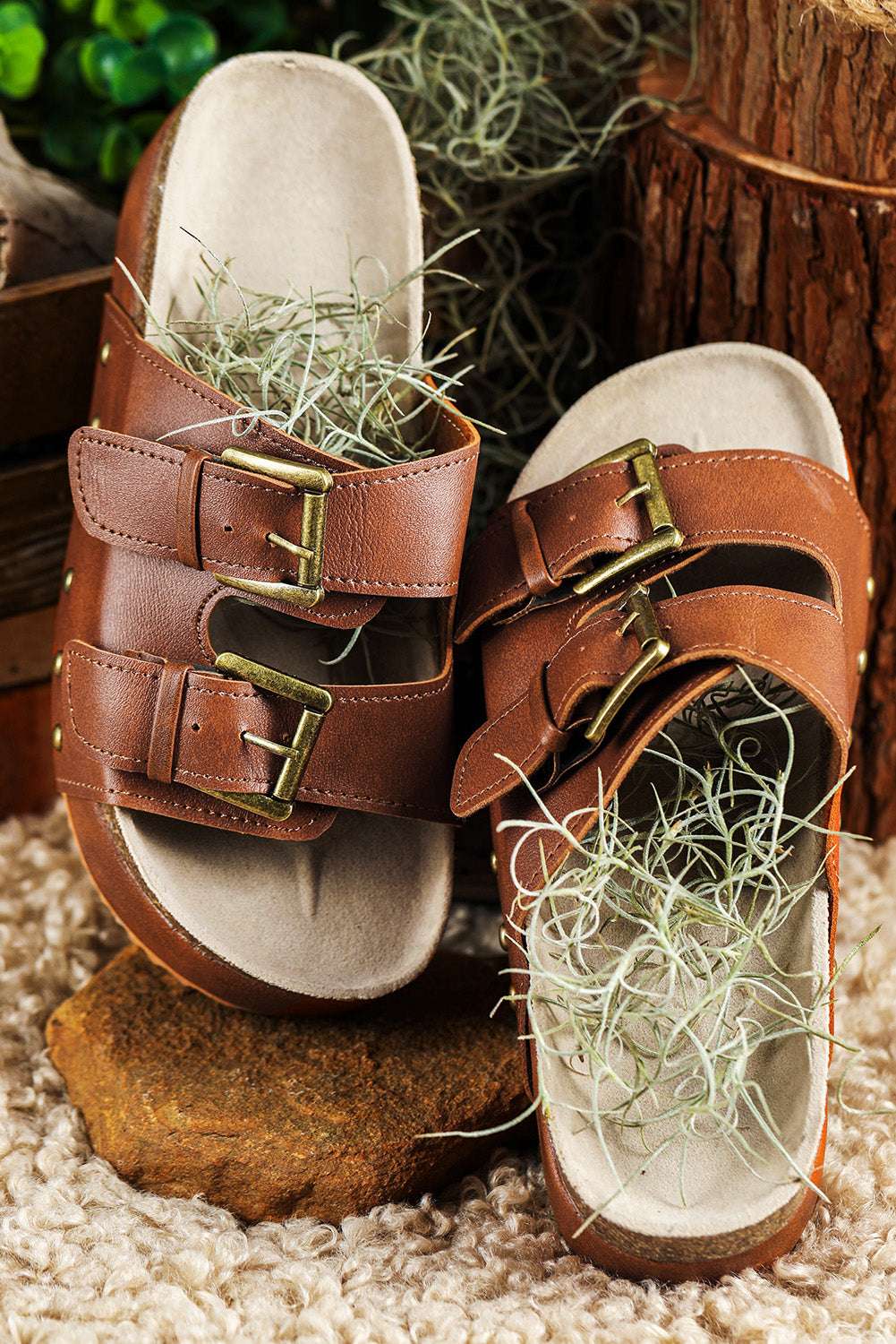 Chestnut Dual Buckle Studded Platform Sandals