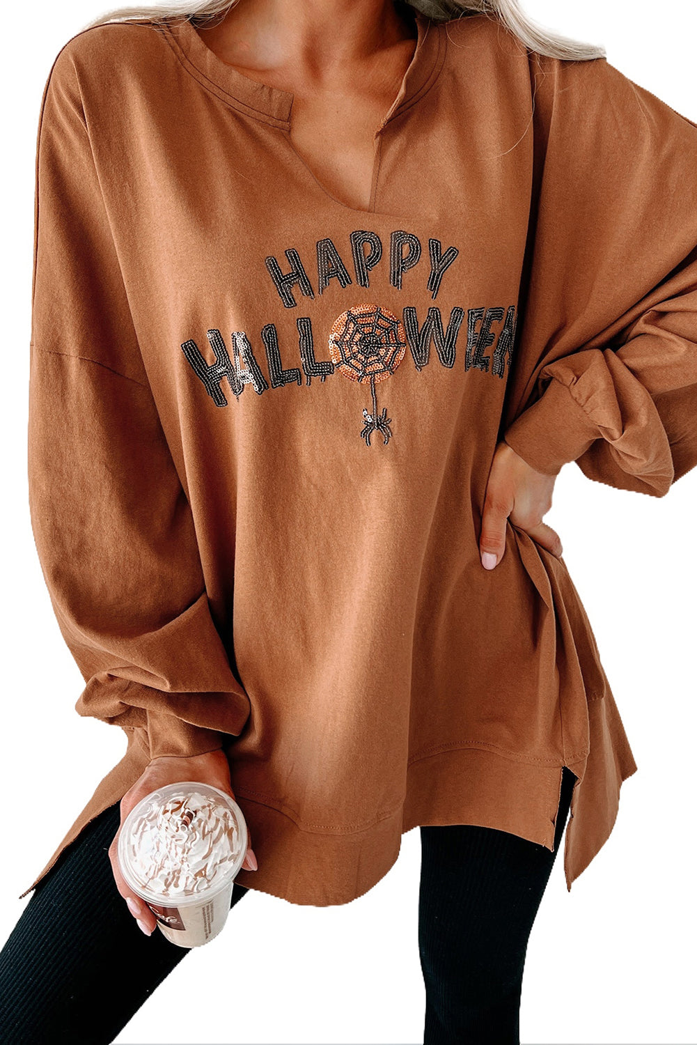 Chestnut Sequin Happy Halloween Graphic Notched Neck Long Sleeve Loose Top