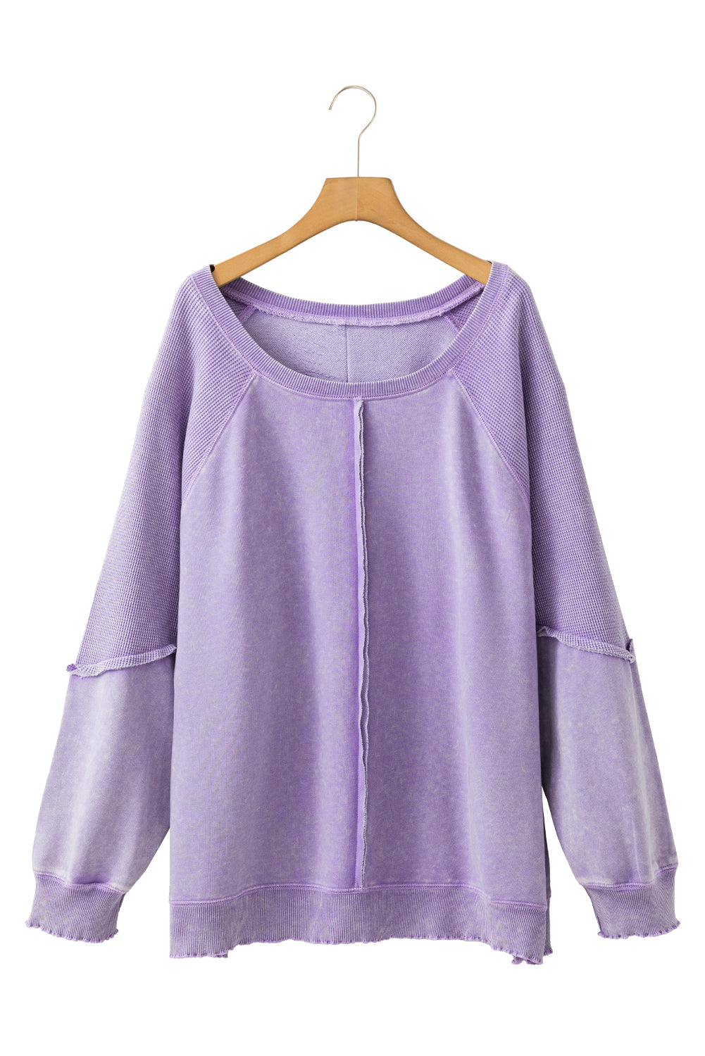 Orchid Petal Textured Patchwork Frilled Trim Plus Size Pullover Sweatshirt