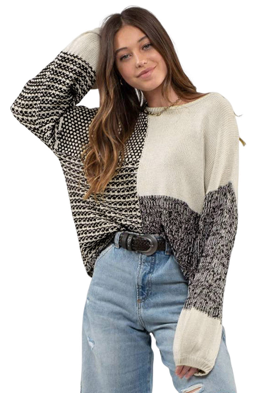 Black Neutral Colorblock Tie Back Sweater