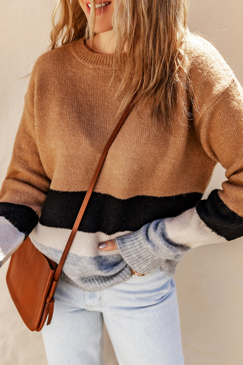 Brown Color Block Striped Ribbed Knit Sweater