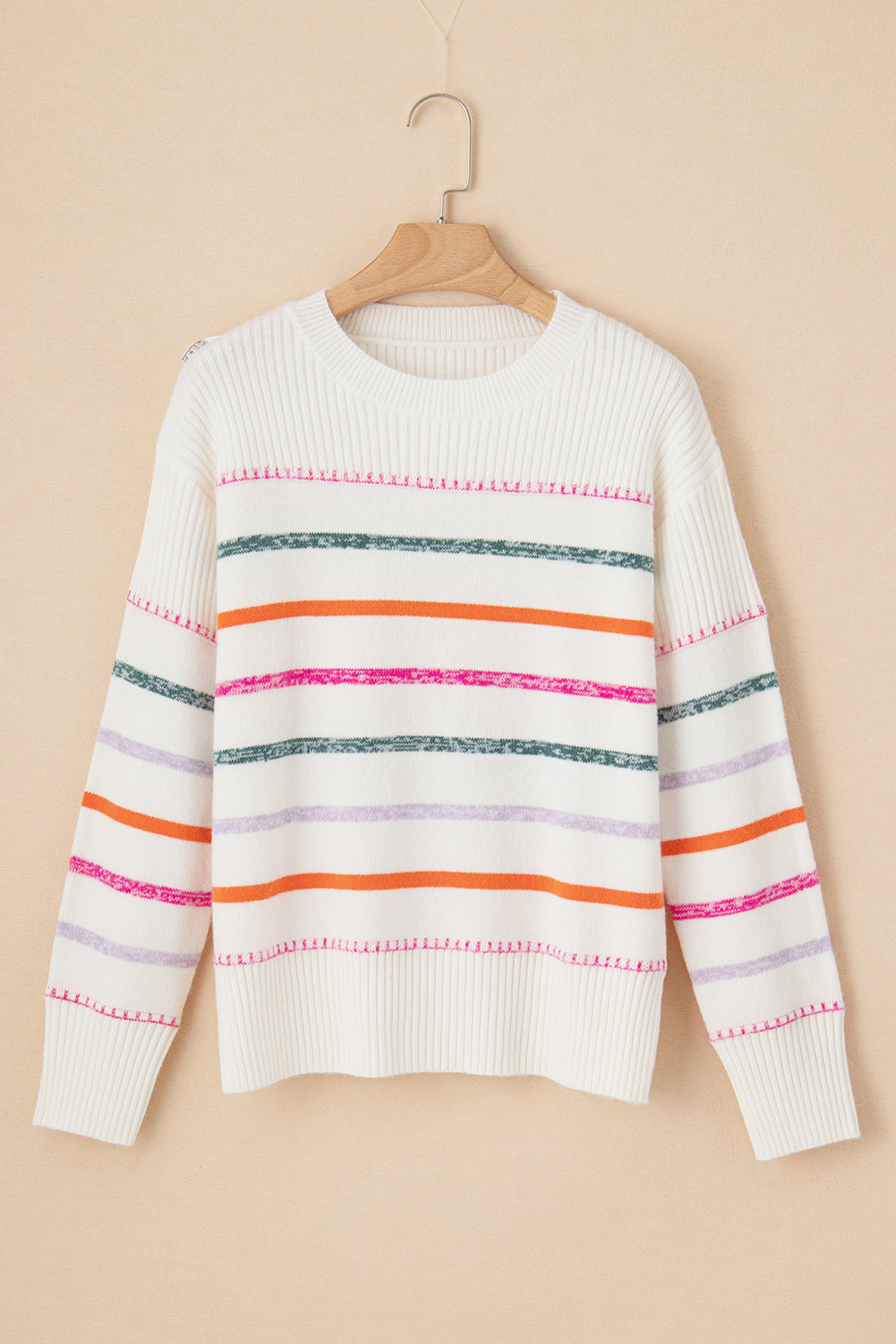 White Colorful Striped Ribbed Trim Sweater