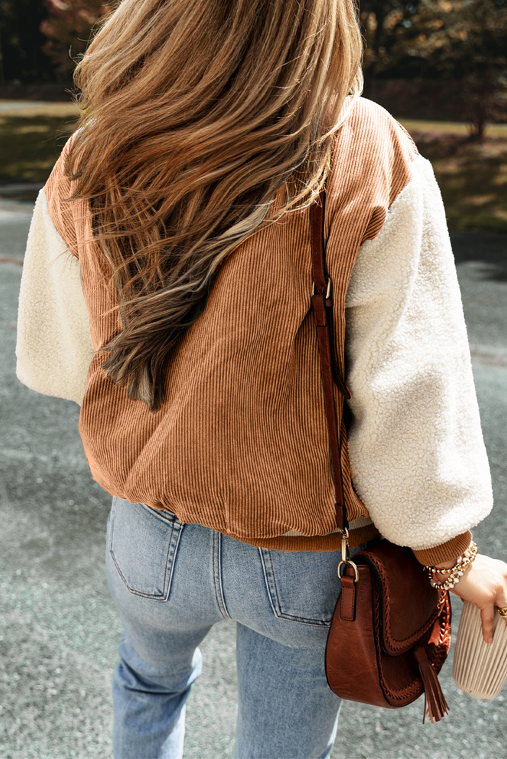 Buckskin Corduroy Fleece Patchwork Buttoned Bomber Jacket