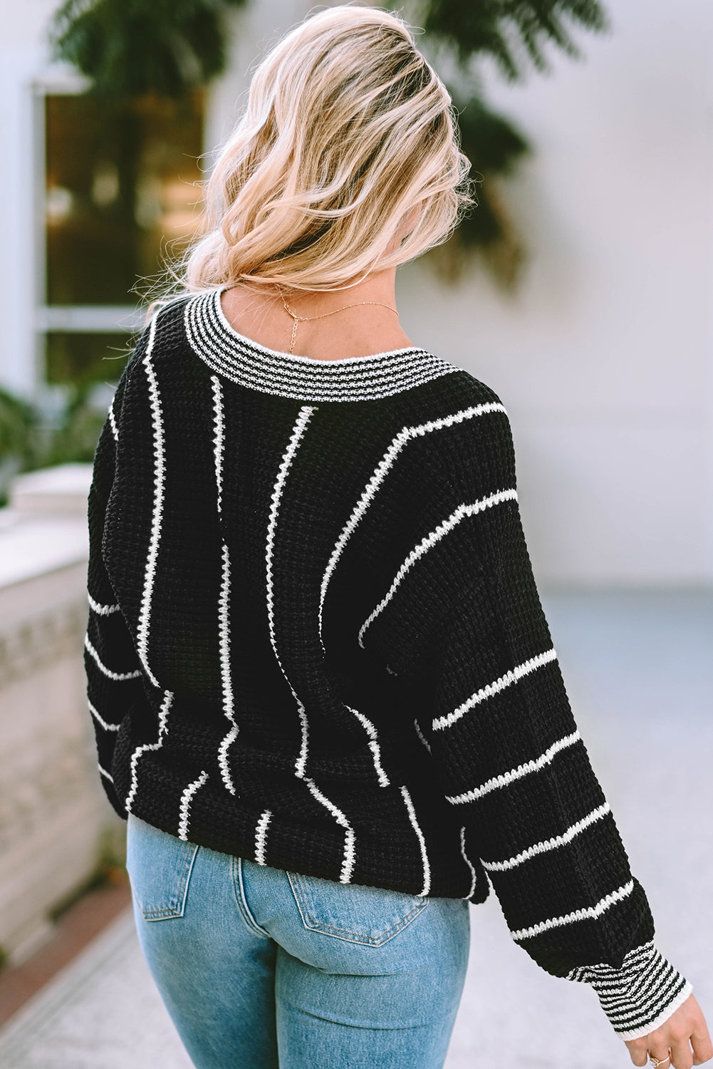 Black Colorblock Striped V Neck Knitted Loose Sweater