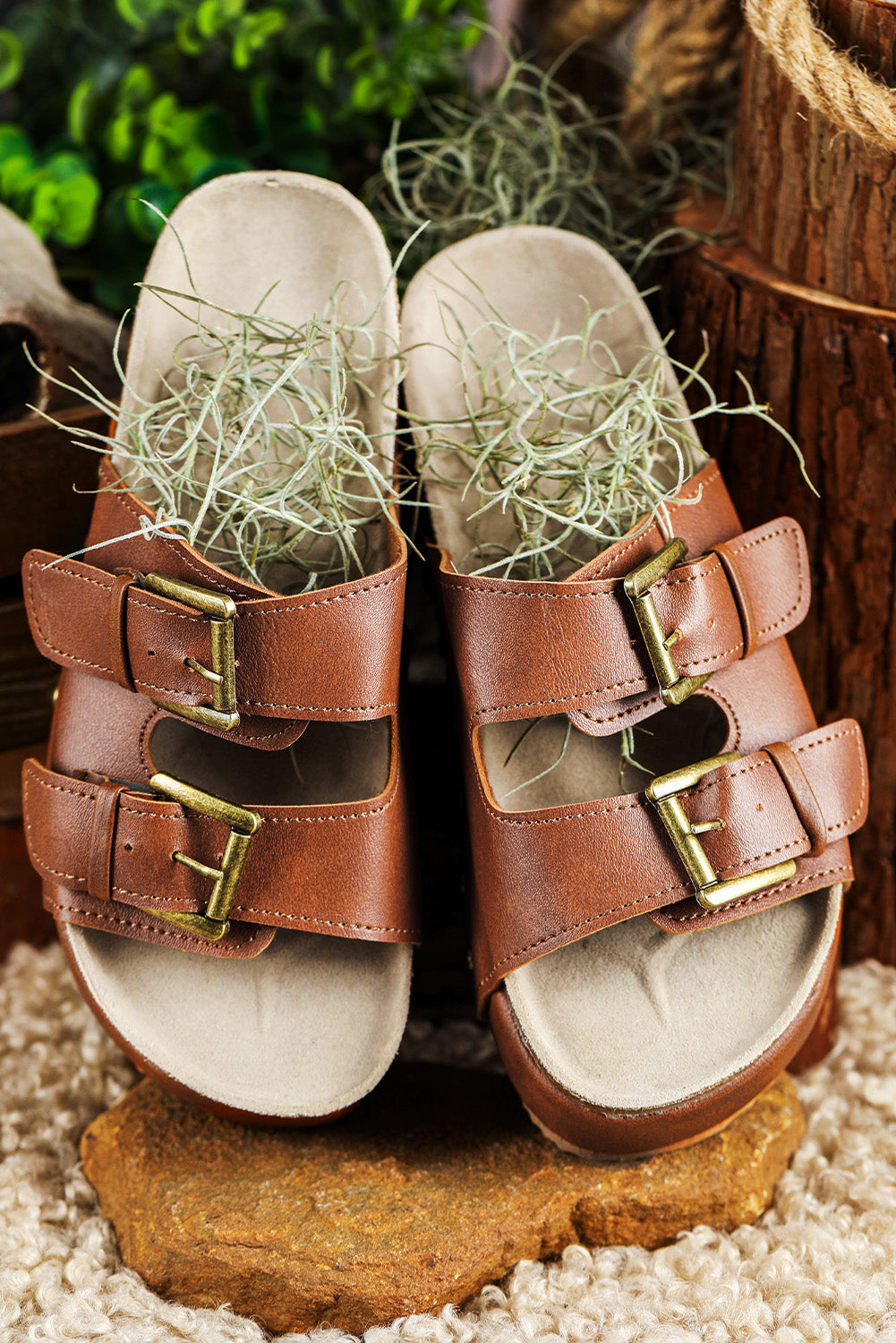 Chestnut Dual Buckle Studded Platform Sandals