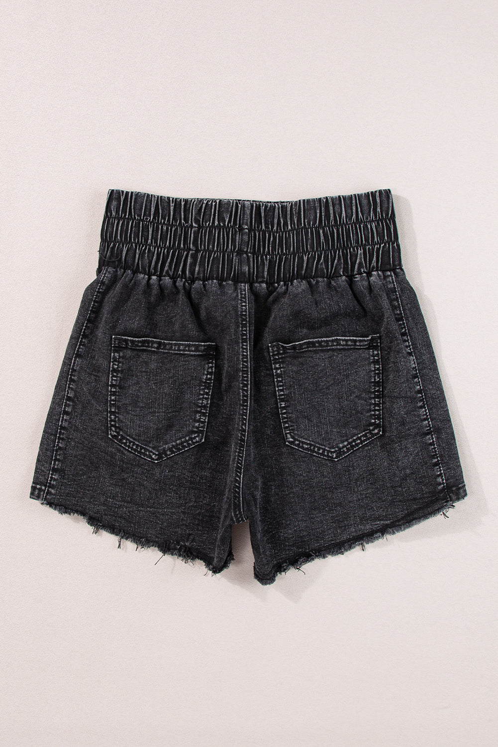 Black Smocked High Waist Mineral Washed Jean Shorts