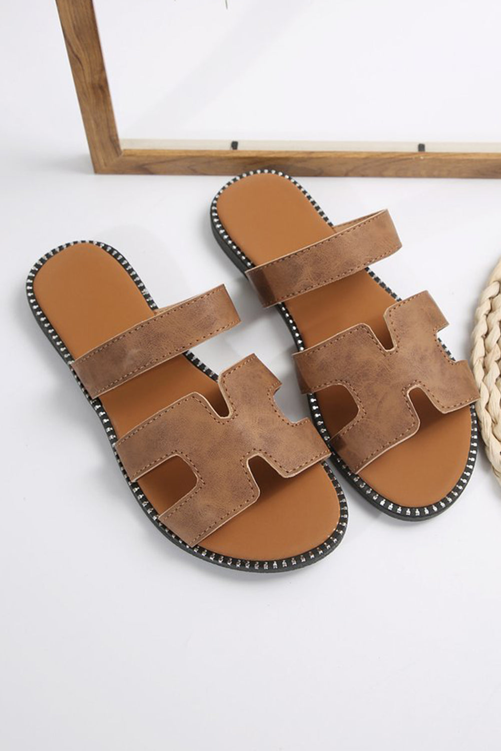 Brown Cut Out H Shape Band PU Leather Sandals