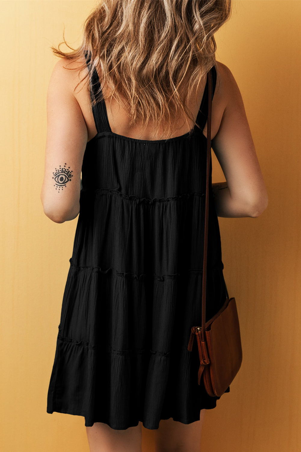 Black Button V Neck Frilly Tiered Sleeveless Dress