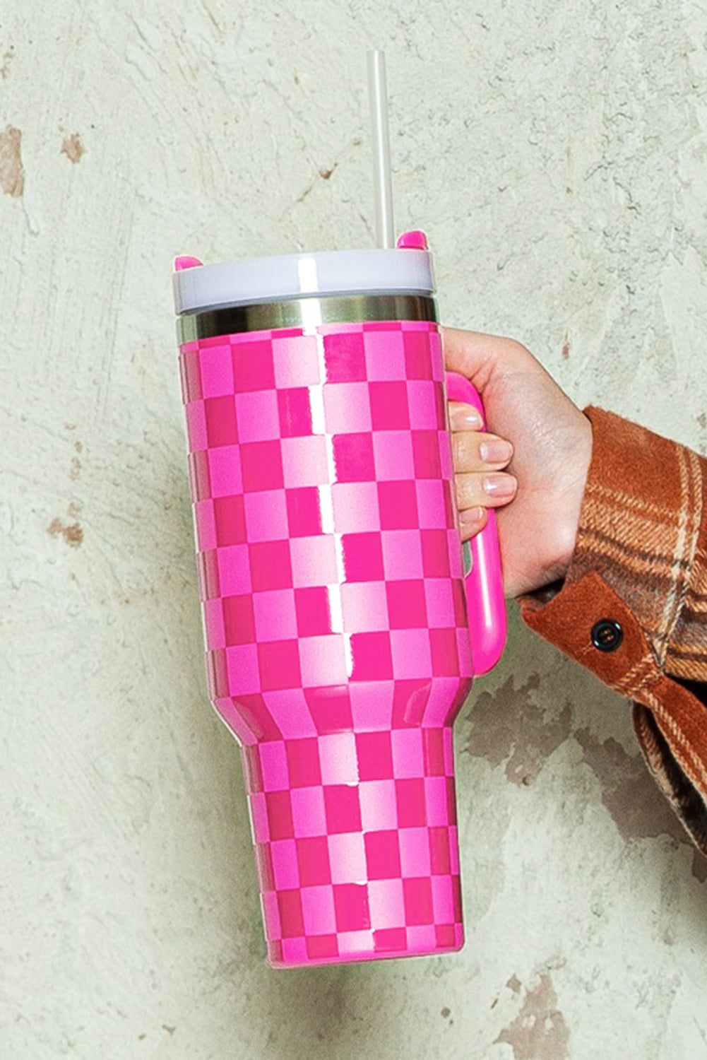 Bright Pink Checkered Print Handled Stainless Steel Tumbler Cup 40oz