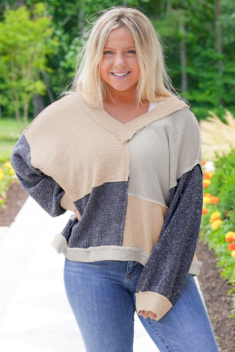 Ashleigh Blue Plus Size Textured Colorblock Patchwork V Neck Top