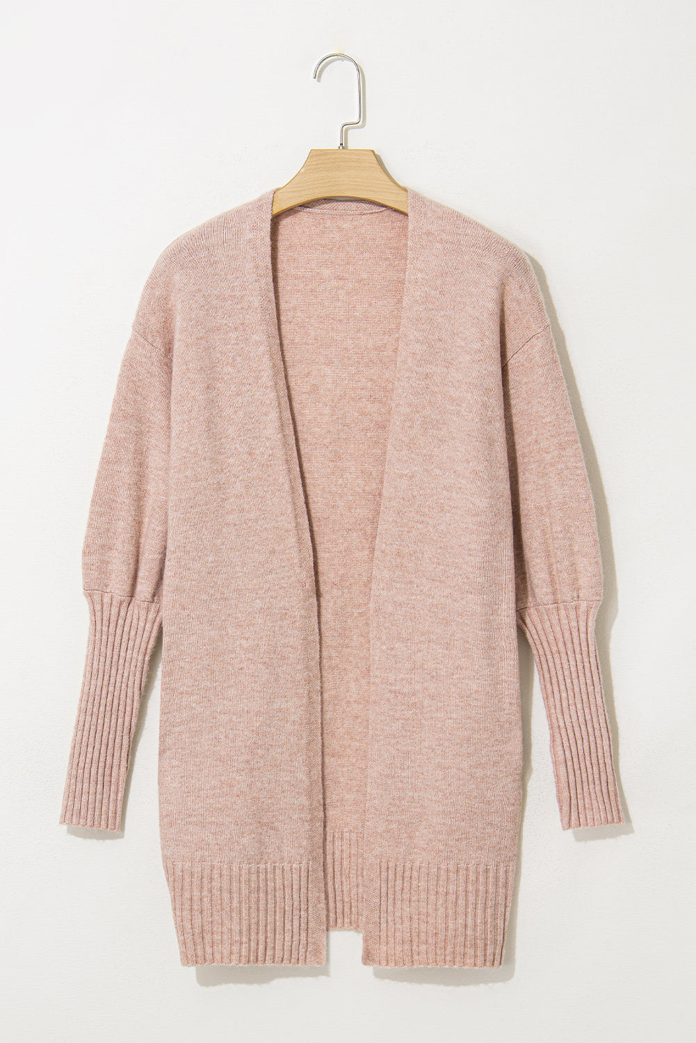 Smoke Gray Ribbed Trim Puff Sleeve Open Cardigan