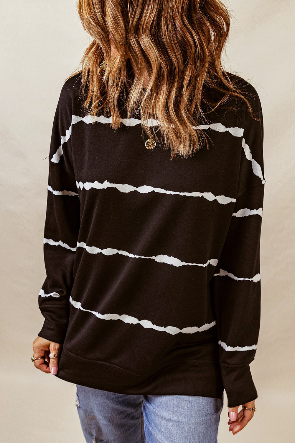 Black Striped Abstract Long Sleeve Casual Sweatshirt