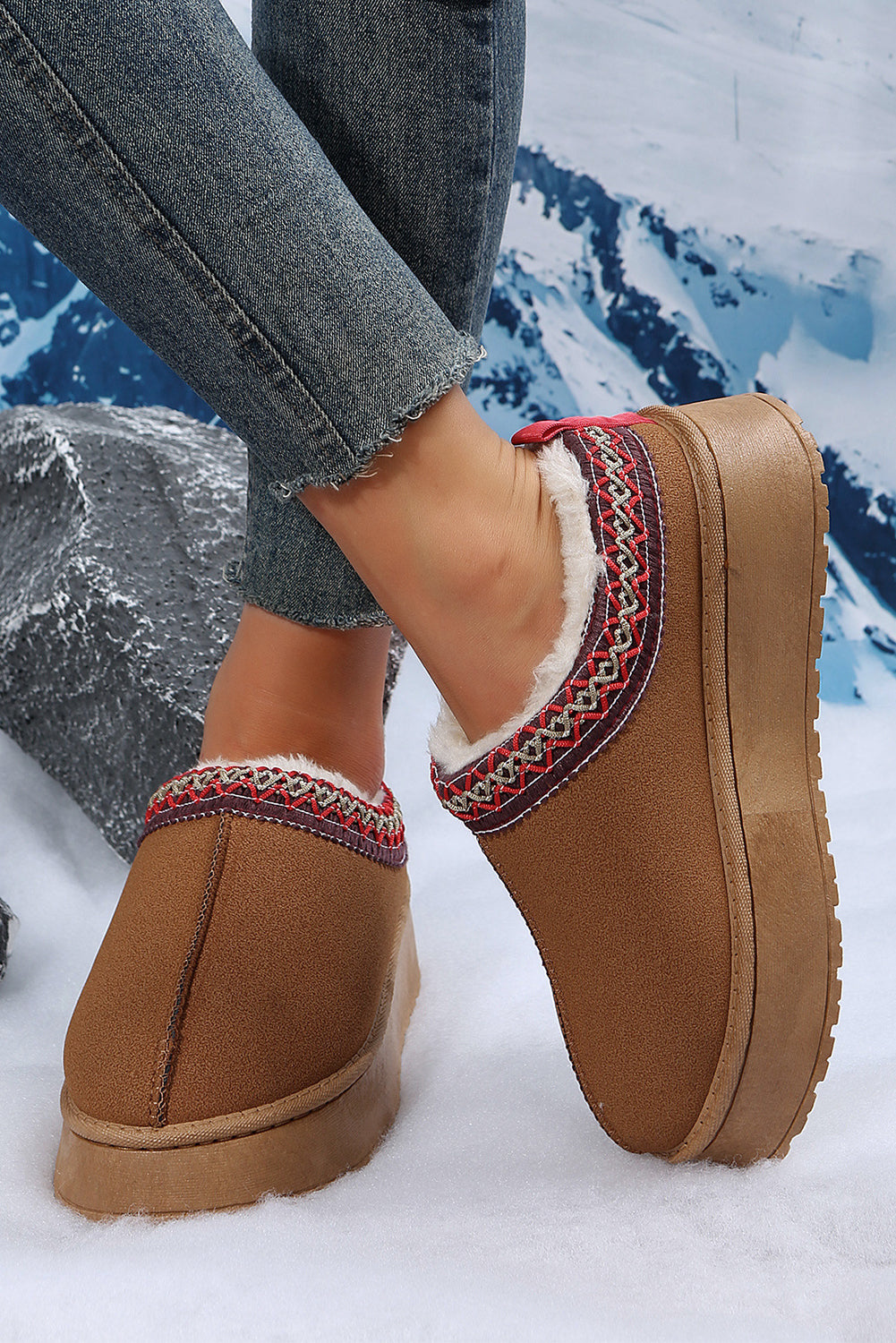 Chestnut Contrast Print Suede Snow Boots