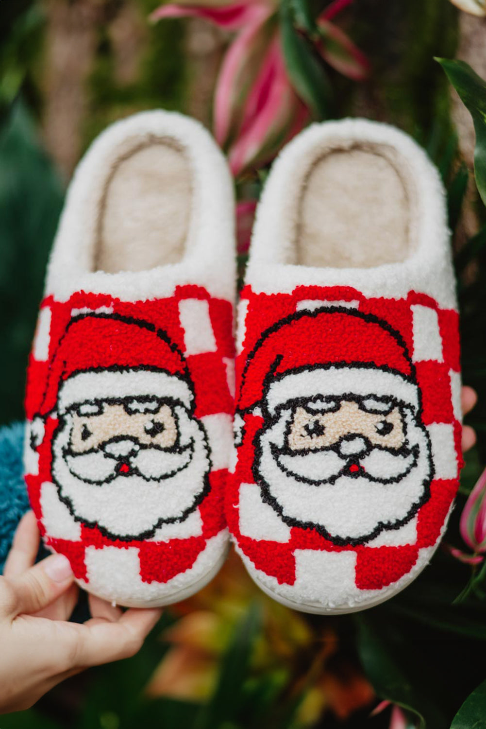 Fiery Red Checkered Santa Claus Graphic Plush Home Slippers