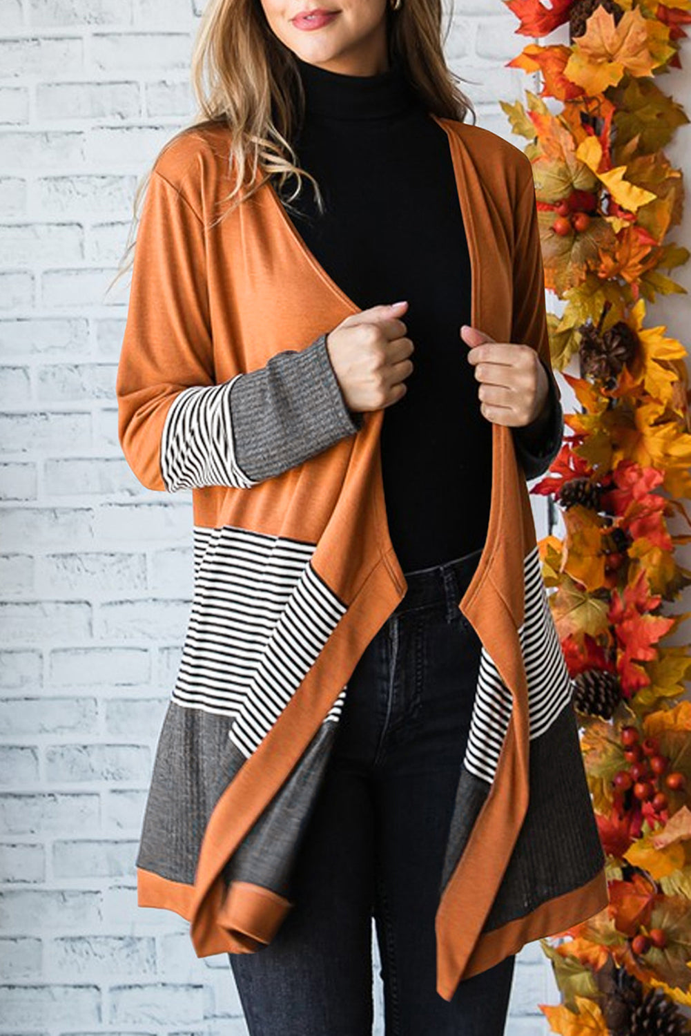 Orange Colorblock Striped Patchwork Open Cardigan