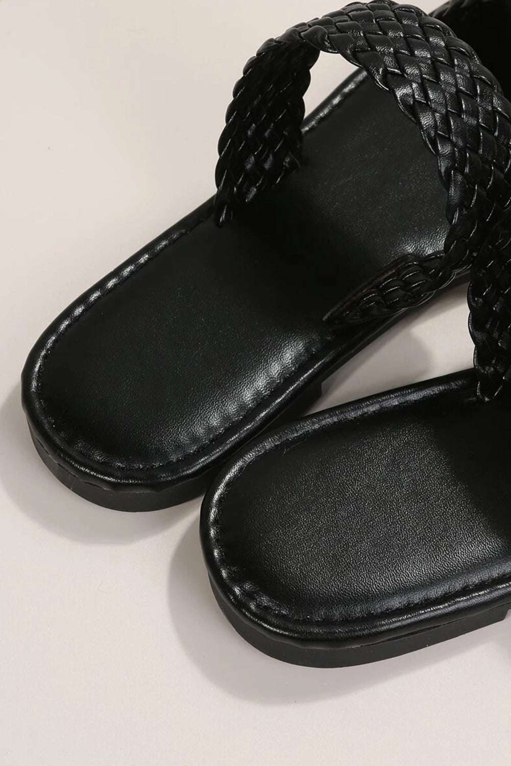 Black Braided Double Band Leathered Flat Sandals