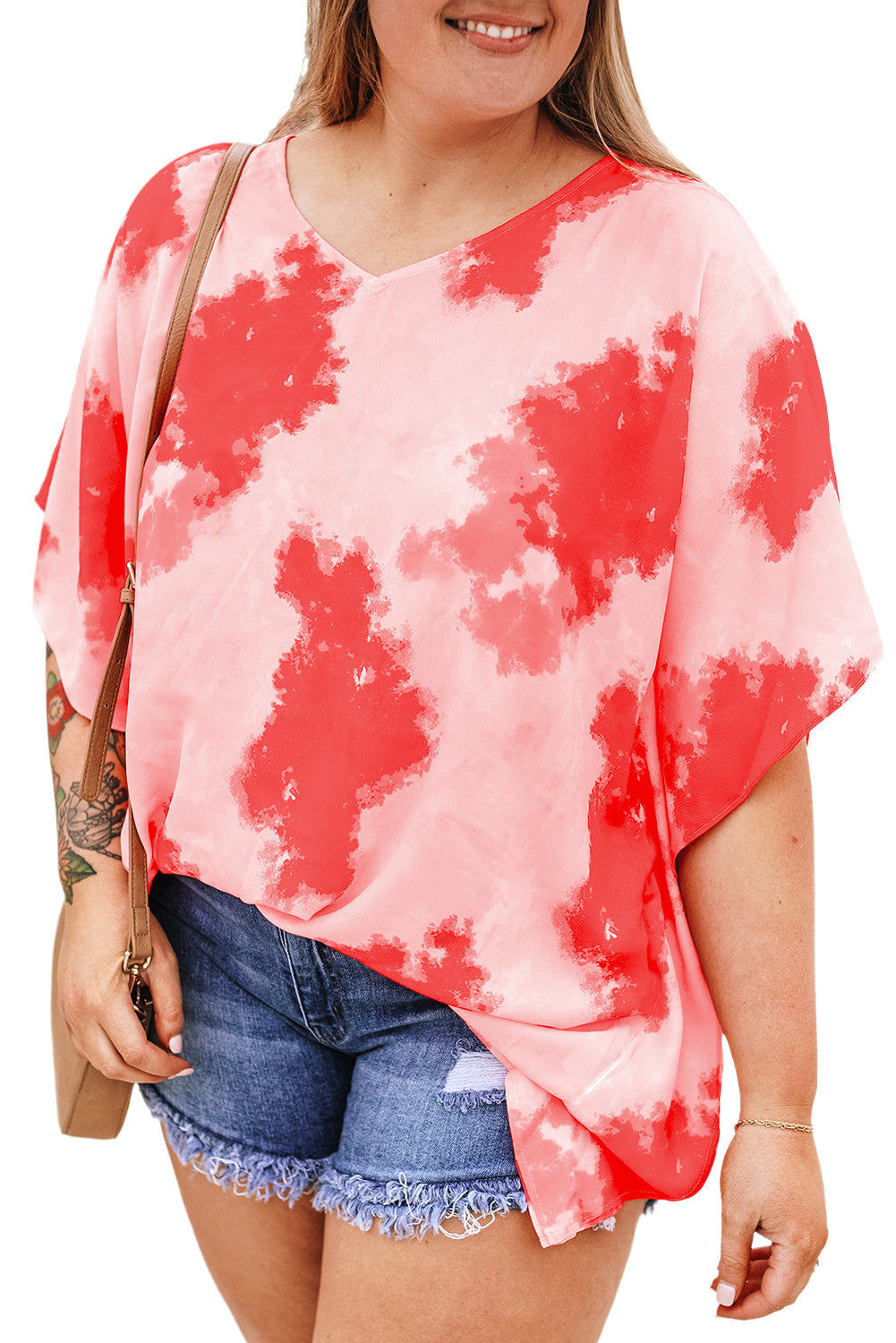 Red Plus Size Tie-dye Print 3/4 Sleeve Tunic Top