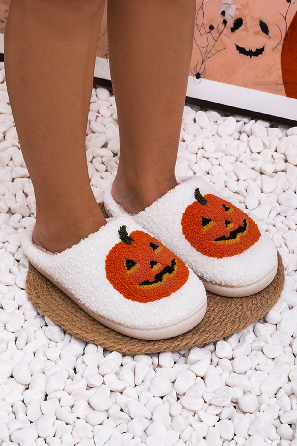 White Halloween Pumpkin Print Slippers