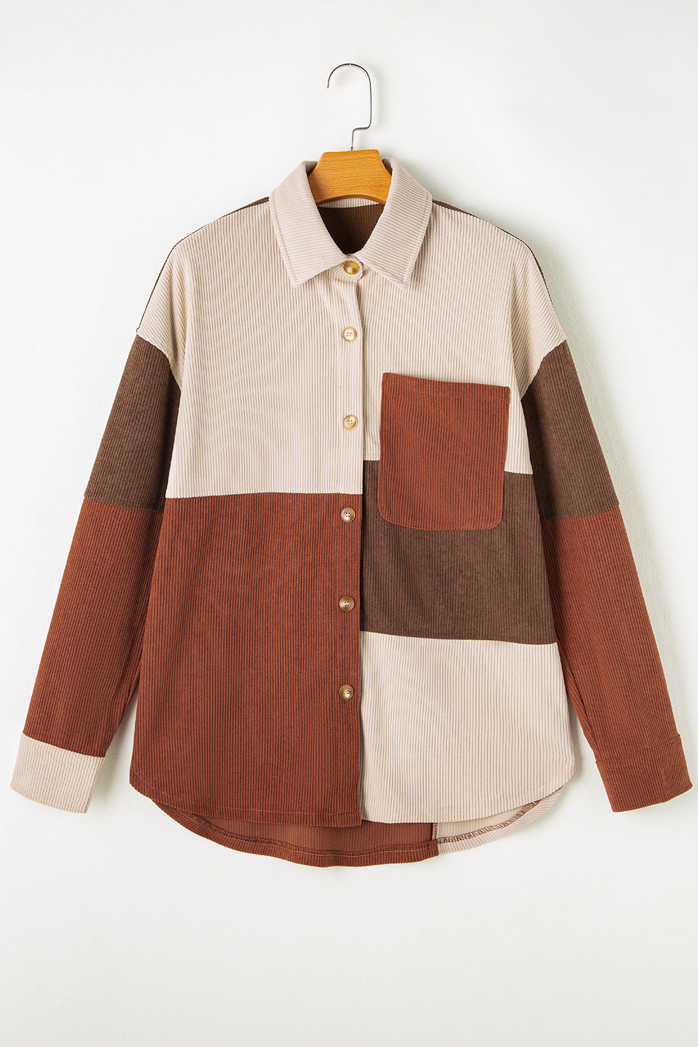 Cinnamon Colorblock Curved Hem Corduroy Shacket with Pocket