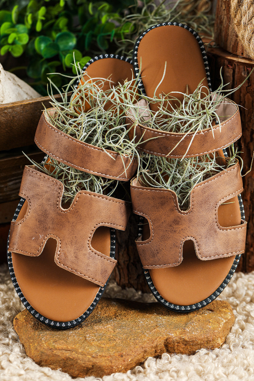 Brown Cut Out H Shape Band PU Leather Sandals