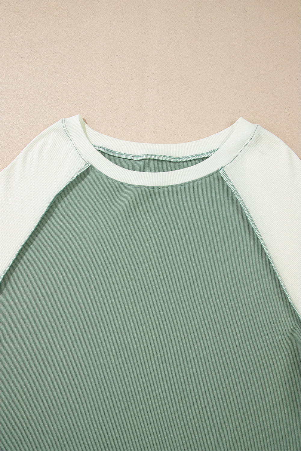 Mint Green Ribbed Colorblock Patchwork Raglan Long Sleeve Top