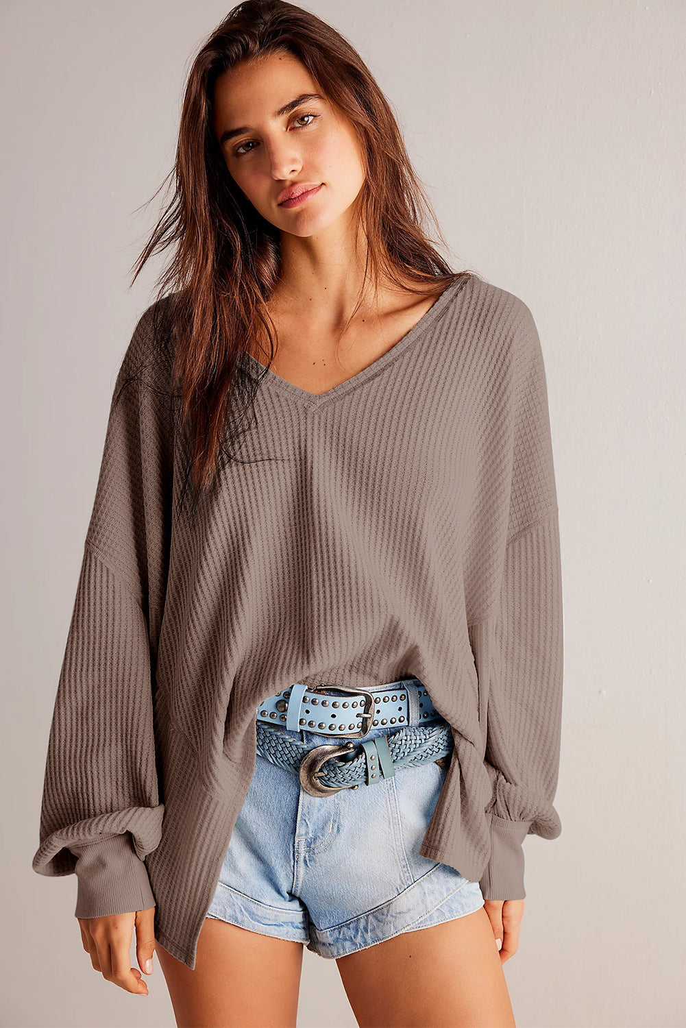 Coffee Waffle V Neck Long Sleeve Drop Shoulder Loose Blouse