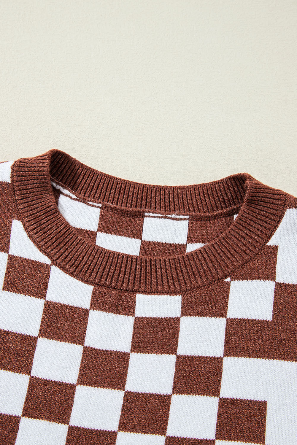 Brown Checkered Print Drop Shoulder Round Neck Sweater