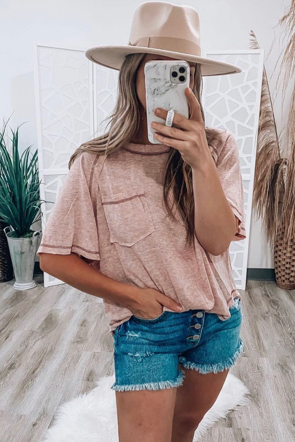 Dusty Pink Exposed Seam Detail Loose T-shirt