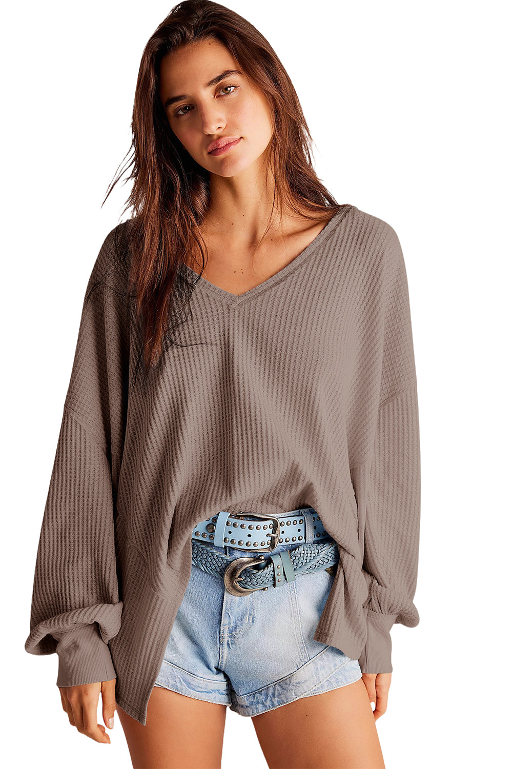 Coffee Waffle V Neck Long Sleeve Drop Shoulder Loose Blouse