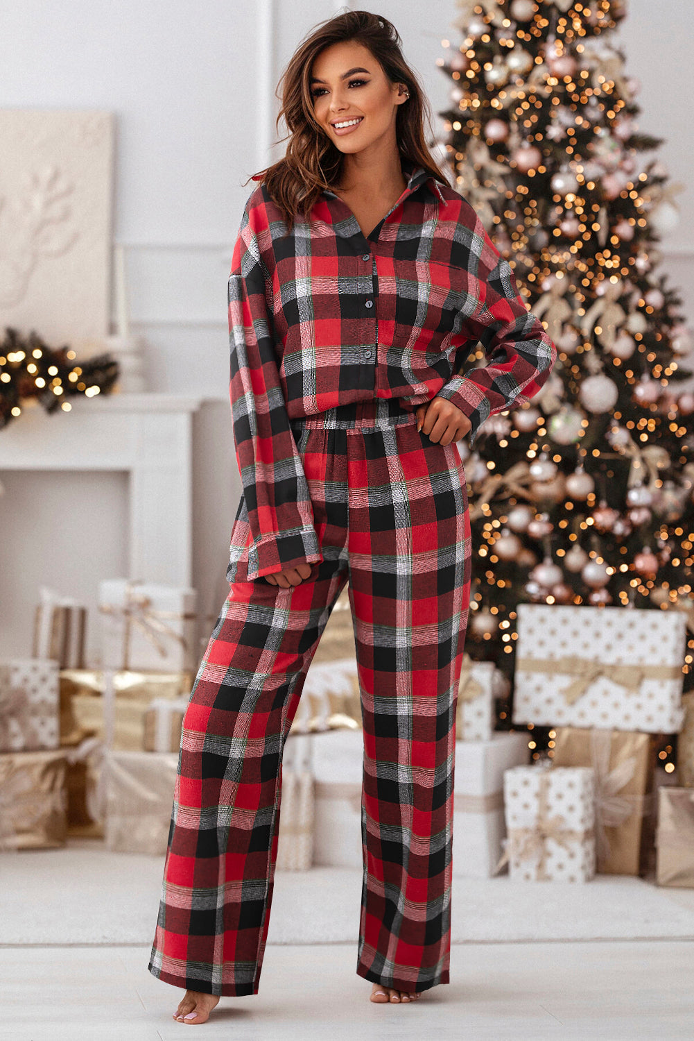 Red Christmas Checkered Pattern Loose Shirt and Pants Lounge Set