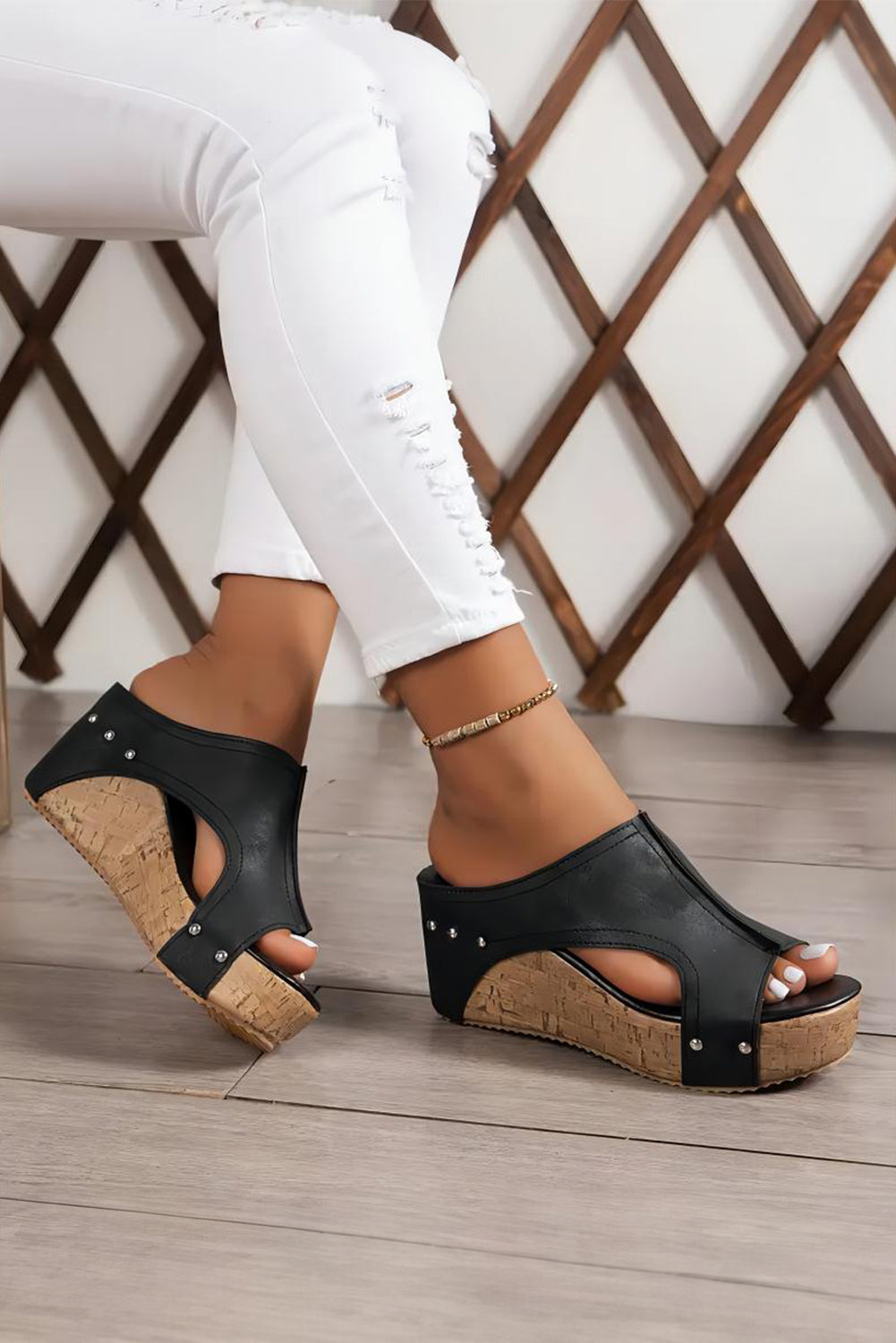 Black Hollow Out Studded PU Leather Wedge Sandals