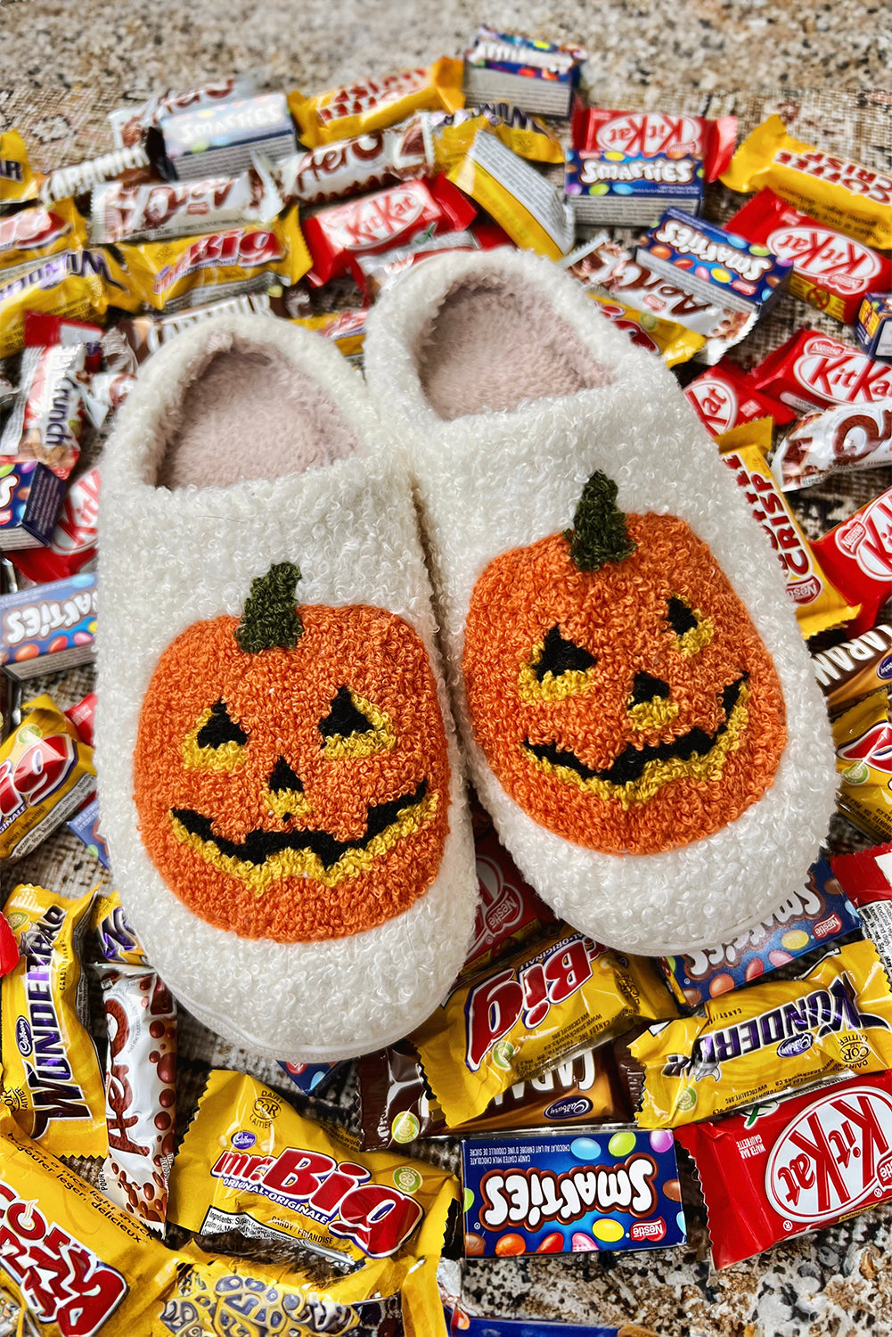 White Halloween Pumpkin Print Slippers