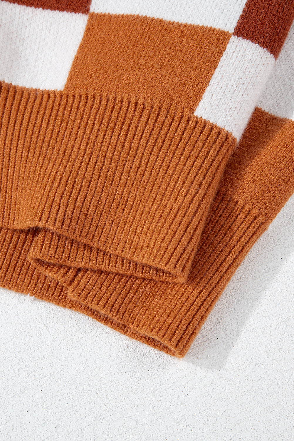 Orange Checkered Ribbed Edge O Neck Drop Shoulder Sweater