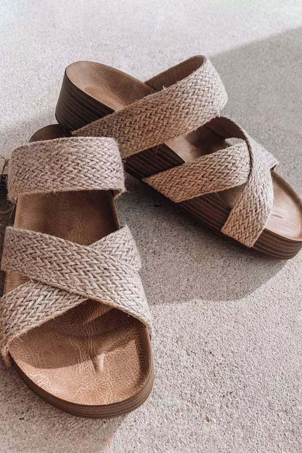 Beige Woven Cross Criss Hollowed Slip-On Sandals