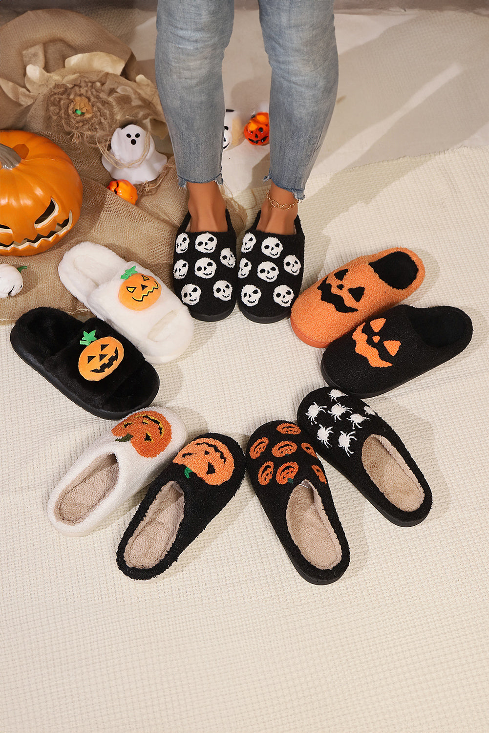 White Halloween Pumpkin Print Slippers